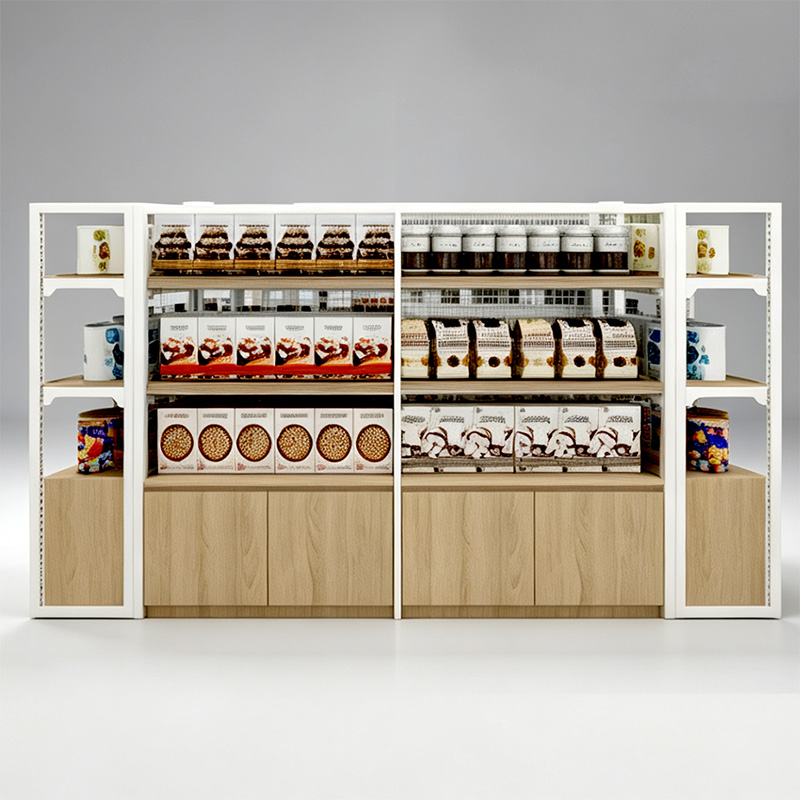 钢木结合食品零食靠墙展柜